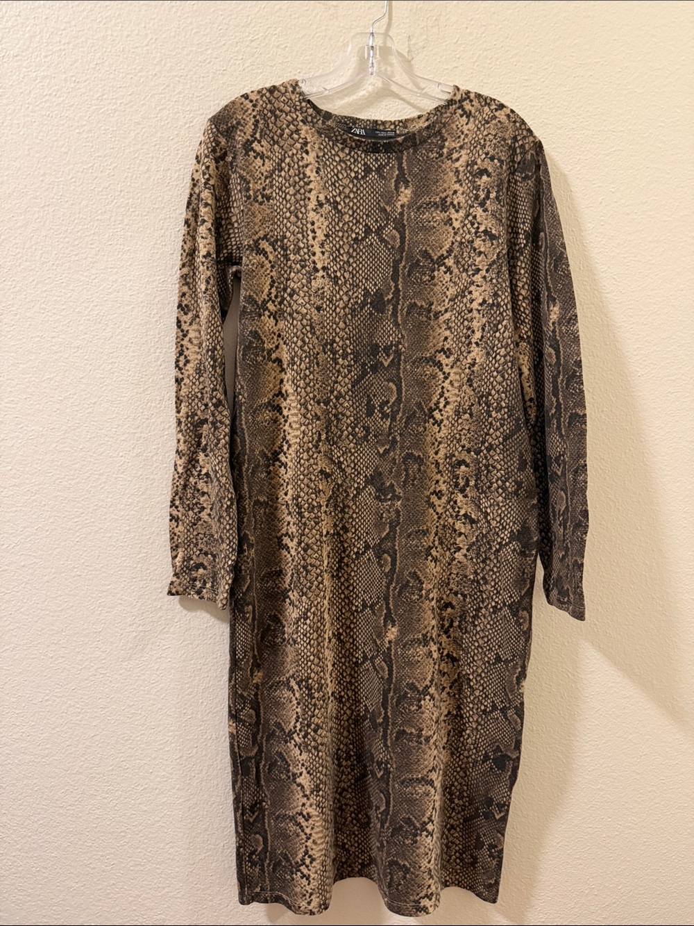 Zara Sneak Print Long Sleeve Shift Dress Beige Brown size L
